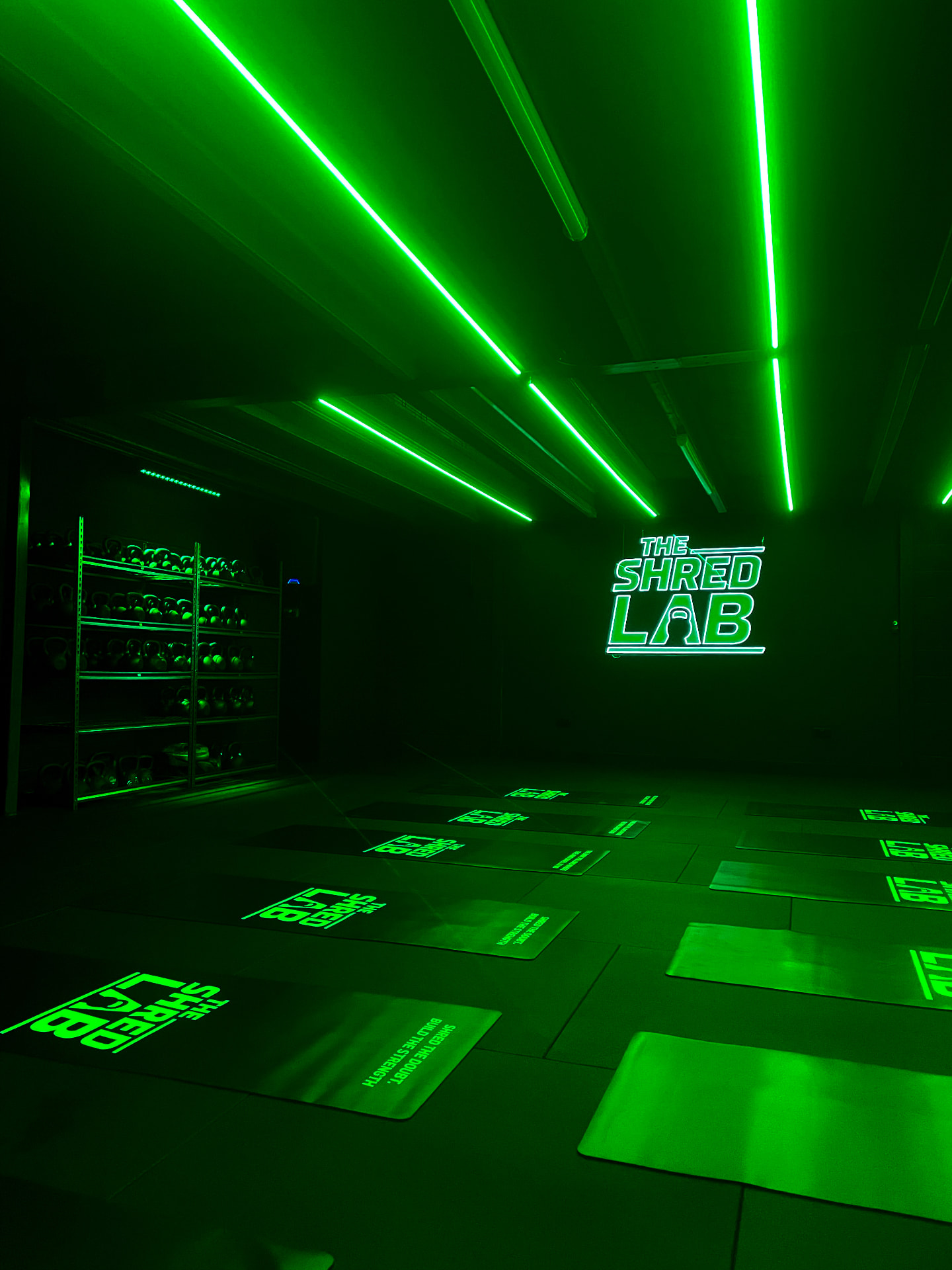 The Shred Lab studio in Ashford lit in green